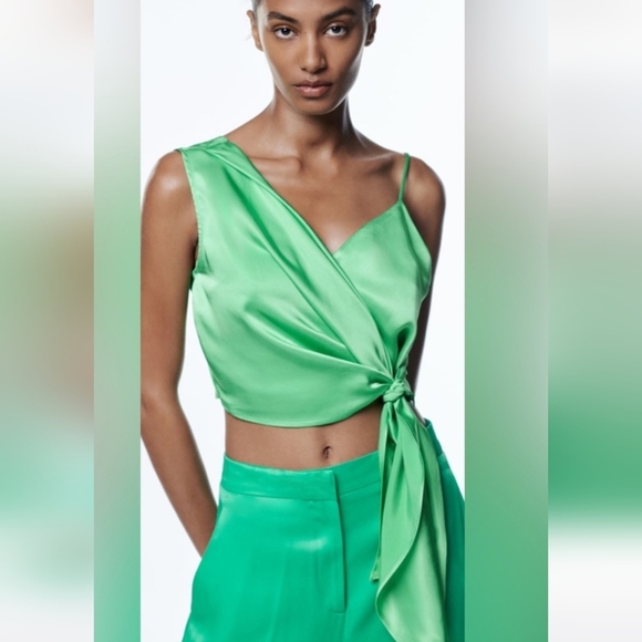 ZARA Intense Green Sstin Effect Asymmetric Wrap Front Tie Top. Size Small - Picture 5 of 14